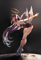 Rule 34 | 1girl, absurdres, ballerina, ballet slippers, bare shoulders, blue eyes, en pointe, feathered wings, gradient hair, halo, highres, hololive, hololive english, littlemisstina, long hair, low wings, multicolored hair, ninomae ina&#039;nis, ninomae ina&#039;nis (1st costume), orange hair, pointy ears, purple hair, sidelocks, single thighhigh, solo, tentacle hair, thighhighs, very long hair, virtual youtuber, white wings, wings