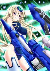 Rule 34 | 10s, 1girl, bare shoulders, blonde hair, blue eyes, blue tears, blush, bodysuit, breast hold, breasts, cecilia alcott, cless (tamaota), covered erect nipples, cowboy shot, curly hair, drill hair, from side, glowing, grin, gun, hair between eyes, hairband, halterneck, headgear, holding own arm, impossible clothes, impossible leotard, infinite stratos, large breasts, leotard, light particles, long hair, looking to the side, mecha musume, mechanical arms, pilot suit, science fiction, single mechanical arm, smile, solo, standing, thighhighs, turtleneck, very long hair, weapon, white thighhighs