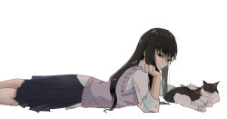 Rule 34 | 1girl, black hair, black skirt, cat, feet out of frame, gen (sonny boy), grey sweater vest, highres, honmono no cat, looking at viewer, lying, mizuho (sonny boy), on stomach, shirt, skirt, solo, sonny boy, sweater vest, white background, white shirt