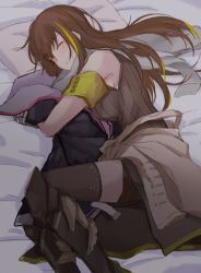 Rule 34 | 1girl, armband, blush, brown hair, clothes around waist, closed eyes, girls&#039; frontline, green hair, highres, jacket, jacket around waist, long hair, lying, m4a1 (girls&#039; frontline), multicolored hair, on side, scarf, sleeping, solo, streaked hair, thighhighs, yuutama2804