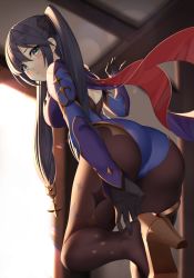 Rule 34 | 1girl, ass, backlighting, black gloves, black hair, blue leotard, breasts, brown pantyhose, cameltoe, cape, from behind, frown, genshin impact, gloves, green eyes, high heels, highres, leg up, leotard, long hair, long sleeves, looking at viewer, looking back, maemi (maemi12), medium breasts, mona (genshin impact), no headwear, no headwear, pantyhose, revision, solo, standing, standing on one leg, twintails, very long hair