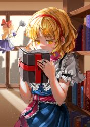 Rule 34 | 2girls, absurdres, alice margatroid, blonde hair, blue dress, blush, book, bookshelf, bow, capelet, covered mouth, covering own mouth, dress, duster, fingernails, grimoire, hair bow, hairband, highres, holding, holding book, hya ro, indoors, jewelry, looking at viewer, multiple girls, multiple rings, open book, puffy short sleeves, puffy sleeves, red bow, red hairband, ring, shanghai doll, shirt, short hair, short sleeves, touhou, white capelet, white shirt, window, yellow eyes