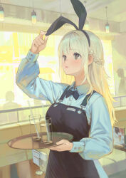 Rule 34 | 1girl, absurdres, animal ears, apron, arm up, black apron, black bow, black bowtie, black hairband, blonde hair, blue shirt, bow, bowtie, braid, breasts, brown eyes, collared shirt, commentary request, cup, ddal, dress shirt, drinking glass, drinking straw, fake animal ears, hairband, hand on own ear, highres, holding, holding tray, indoors, long hair, medium breasts, original, parted lips, rabbit ears, shirt, silhouette, solo focus, tray, very long hair