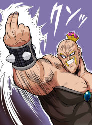 Rule 34 | arm up, armlet, aura, bald, black dress, black nails, blonde hair, blue brooch, blue eyes, bowsette, bowsette (cosplay), brooch, commentary request, cosplay, crossdressing, crown, dragon ball, dragonball z, dress, facial hair, grin, hat, highres, jewelry, leotard, male focus, mario (series), masakichi (heppouku), motion lines, muscular, mustache, nail polish, nappa, new super mario bros. u deluxe, nintendo, partial commentary, purple background, scuffed, simple background, smile, solo, spiked armlet, strapless, strapless leotard, super crown, v-shaped eyebrows, veins