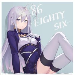 Rule 34 | 1girl, 86 -eightysix-, absurdres, ahoge, breasts, closed mouth, gloves, grey eyes, grey hair, h9 99999, hair between eyes, hand on own chest, highres, long hair, long sleeves, looking at viewer, medium breasts, sidelocks, sitting, solo, thighhighs, uniform, vladilena millize, white gloves, white thighhighs