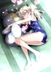 Rule 34 | 10s, 1girl, ^ ^, bare arms, bare legs, bare shoulders, barefoot, blue one-piece swimsuit, blush, breasts, character request, closed eyes, closed mouth, competition school swimsuit, closed eyes, full body, girls und panzer, grey hair, heart, highres, long hair, lying, nakahira guy, on side, one-piece swimsuit, school swimsuit, small breasts, smile, solo, stuffed animal, stuffed toy, swimsuit, teddy bear, twintails