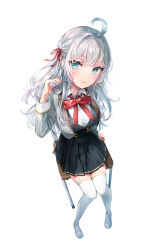 Rule 34 | 1girl, absurdres, ahoge, alisa mikhailovna kujou, black skirt, black vest, blazer, blue eyes, blush, bow, bowtie, breasts, chair, collared shirt, commentary request, cover, cover image, cover page, eyes visible through hair, from above, full body, grey hair, grey jacket, hair ribbon, hand in own hair, hand rest, hand up, head tilt, highres, jacket, knees together feet apart, large breasts, long hair, looking at viewer, looking to the side, manga cover, official art, on chair, open clothes, open jacket, pleated skirt, red bow, red bowtie, red ribbon, ribbon, school chair, school uniform, shiny skin, shirt, sideways glance, simple background, sitting, skirt, solo, tenacitysaho, textless version, thighhighs, tokidoki bosotto roshia-go de dereru tonari no arya-san, variant set, vest, white background, white footwear, white shirt, white thighhighs, wing collar, zettai ryouiki