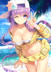 Rule 34 | 1girl, ;q, arm up, backwards hat, bad id, bad pixiv id, bandeau, bare shoulders, baseball cap, bb (fate), bb (fate) (all), bb (swimsuit mooncancer) (fate), bb (swimsuit mooncancer) (first ascension) (fate), beach, bikini, bikini top only, blue sky, blurry, blurry background, braid, breasts, character name, cleavage, closed mouth, cloud, collarbone, day, depth of field, fate/grand order, fate (series), fingernails, front-tie top, hair between eyes, hat, highres, horizon, jacket, large breasts, leaning forward, long hair, long sleeves, navel, nunucco, ocean, one eye closed, outdoors, palm tree, pleated skirt, purple eyes, purple hair, sand, single braid, skirt, sky, smile, solo, standing, star (symbol), stomach, swimsuit, thighs, tongue, tongue out, tree, v, v-shaped eyebrows, very long hair, water, water drop, white bikini, white hat, yellow jacket, yellow skirt