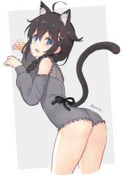 Rule 34 | 1girl, ahoge, alternate costume, animal ears, ass, black hair, blue eyes, braid, cat day, cat ears, cat tail, cowboy shot, dan (kumadan), female focus, frilled leotard, frills, grey background, grey leotard, hair flaps, hair ornament, hair over shoulder, highres, kantai collection, leaning forward, leotard, looking at viewer, open mouth, shigure (kancolle), single braid, smile, solo, tail, two-tone background