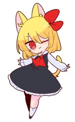 Rule 34 | 1girl, :3, animal ears, ascot, black dress, blonde hair, cat ears, cat girl, cat tail, collared shirt, dress, hair ribbon, highres, one eye closed, op na yarou, outstretched arms, red ascot, red eyes, red ribbon, ribbon, rumia, shirt, short hair, simple background, skirt, skirt set, socks, solo, spread arms, tail, touhou, white background, white shirt