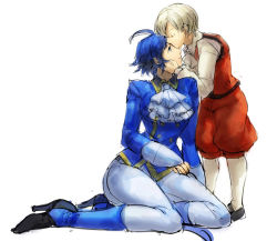 Rule 34 | 1boy, 1girl, age difference, ahoge, ascot, ash crimson, blonde hair, blue eyes, blue hair, boots, child, collared shirt, elisabeth blanctorche, closed eyes, formal, full body, hand on another&#039;s cheek, height difference, hetero, high heel boots, high heels, kiss, loafers, looking at another, muse (rainforest), profile, shirt, shoes, short hair, simple background, sitting, snk, standing, the king of fighters, white background, wide hips, aged down