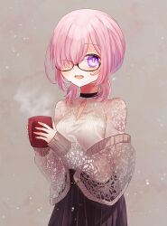 Rule 34 | 1girl, :d, absurdres, alternate hairstyle, black-framed eyewear, black skirt, clothing cutout, cup, fate/grand order, fate (series), glasses, grey background, hair over one eye, harukappa, high-waist skirt, highres, holding, holding cup, long sleeves, looking at viewer, low twintails, mash kyrielight, medium hair, open mouth, pink eyes, pink hair, pleated skirt, short twintails, skirt, smile, solo, sweater, twintails, white sweater