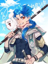 Rule 34 | 1boy, 1other, abs, animal, asymmetrical bangs, belt, blue hair, blue sky, bodysuit, bodysuit under clothes, bracelet, braid, braided ponytail, capelet, closed mouth, clothing cutout, cloud, cloudy sky, cu chulainn (fate), dog, dol ishi, earrings, fate/grand order, fate/grand order arcade, fate (series), grin, high collar, highres, holding, holding staff, hood, hood down, hooded capelet, jewelry, long hair, looking at viewer, male focus, muscular, muscular male, one eye closed, ponytail, puppy, red eyes, setanta (fate), skin tight, sky, slit pupils, smile, solo, spiked hair, staff, thigh cutout