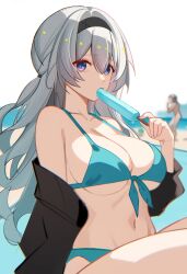 Rule 34 | 2girls, absurdres, aqua bikini, bare shoulders, bikini, black hairband, black jacket, breasts, clothed female nude female, commentary, dzyyeee, firefly (honkai: star rail), food, grey hair, hairband, highres, holding, holding food, holding popsicle, honkai: star rail, honkai (series), jacket, large breasts, long hair, long sleeves, looking at viewer, multiple girls, navel, nude, off shoulder, popsicle, purple eyes, sitting, stelle (honkai: star rail), stomach, swimsuit, trailblazer (honkai: star rail), very long hair