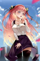 Rule 34 | 1girl, absurdres, black ribbon, blue eyes, blue nails, blue sky, blurry, blush, bokeh, breasts, butterfly hair ornament, cleavage, cloud, collarbone, commentary, cowboy shot, depth of field, dress, english commentary, frilled dress, frills, from below, go-toubun no hanayome, gradient hair, gradient nails, hair ornament, hand on own thigh, high-waist skirt, highres, large breasts, long hair, looking at viewer, medium skirt, multicolored hair, multicolored nails, nail polish, nakano nino, open mouth, outdoors, petals, pink hair, print thighhighs, purple nails, ribbon, shirt, sidelocks, skirt, sky, sleeve cuffs, solo, teeth, thighhighs, twintails, upper teeth only, v-shaped eyebrows, very long hair, w, white shirt, wind, zasshu