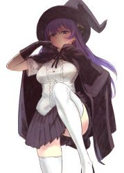 Rule 34 | 1girl, bad id, bad pixiv id, breasts, cape, gloves, hand on own hip, hat, highres, hip focus, large breasts, long hair, nagasawa shin, original, purple eyes, purple hair, shindan maker, solo, thighhighs, white thighhighs, witch, witch hat, zettai ryouiki