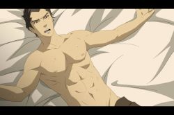 Rule 34 | 1boy, avatar: the last airbender, avatar legends, bed sheet, brown hair, mako (avatar), male focus, muscular, nickelodeon, topless male, solo, sweat, the legend of korra, yellow eyes