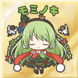 Rule 34 | 1girl, angel wings, blush, bow, box, braid, brown hairband, chibi, christmas, christmas ornaments, christmas tree, closed eyes, closed mouth, dress, facing viewer, flower knight girl, gift, gift box, green dress, green hair, hair bow, hairband, long hair, mominoki (flower knight girl), pom pom (clothes), red bow, red scarf, ri-net, scarf, smile, solo, tree costume, twin braids, very long hair, white wings, wings