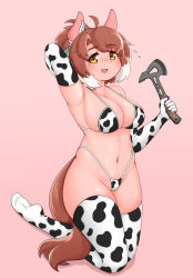 1girl absurdres ahoge alternate_costume animal_print arm_up armpits axe bikini blush breasts brown_eyes brown_hair cleavage collarbone commentary_request cow_print cow_print_bikini cow_print_gloves cow_print_thighhighs dantsu_flame_(umamusume) elbow_gloves flying_sweatdrops full_body gloves hair_between_eyes hair_ornament hairband hatchet_(axe) highres horse_girl large_breasts looking_at_viewer medium_hair mintia1911 open_mouth pink_background print_bikini print_gloves print_thighhighs simple_background sweat swimsuit thighhighs umamusume