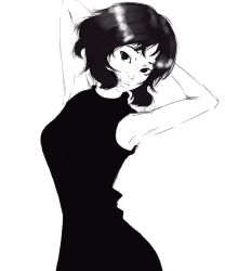 Rule 34 | 1girl, armpits, arms behind head, artist request, bare arms, bare shoulders, black dress, cowboy shot, dress, greyscale, highres, monochrome, short hair, simple background, sleeveless, sleeveless dress, solo, tagme, turtleneck, turtleneck dress, wavy hair, white background