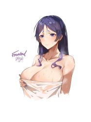 Rule 34 | 1girl, absurdres, blush, breasts, cleavage, closed mouth, collarbone, cropped torso, fate/grand order, fate (series), fromgod jungle, highres, large breasts, lips, long hair, mature female, minamoto no raikou (fate), nail polish, naked towel, parted bangs, purple eyes, purple hair, purple nails, signature, simple background, solo, sweat, towel, upper body, white background