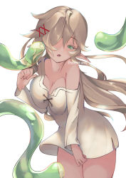 1girl :o blonde_hair breasts colored_eyelashes commentary_request elf genderswap genderswap_(mtf) green_eyes hair_ornament hair_over_one_eye highres ishuzoku_reviewers large_breasts long_hair monidare pointy_ears slime_(substance) solo tentacles x_hair_ornament zellie