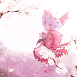 Rule 34 | 1girl, aged down, backpack, bag, bat wings, black wings, blurry, bow, branch, cherry blossoms, child, closed mouth, dappled sunlight, depth of field, eyebrows, flower, frilled sleeves, frills, from above, from behind, hat, hat ribbon, heart, light purple hair, miyasaka takaji, mob cap, outdoors, pavement, petals, puffy short sleeves, puffy sleeves, purple hair, randoseru, red bow, red eyes, red ribbon, remilia scarlet, ribbon, ribbon-trimmed skirt, ribbon trim, shoes, short hair, short sleeves, skirt, skirt set, solo, standing, sunlight, touhou, tree shade, white footwear, wind, wings, wrist cuffs