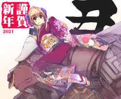 Rule 34 | 1girl, 2021, alternate costume, armor, blacksmith (ragnarok online), blonde hair, blue eyes, blush, brown footwear, closed mouth, commentary request, double bun, dutch angle, floral print, flower, full body, hair bun, hair flower, hair ornament, highres, horns, japanese clothes, kimono, licking lips, long hair, looking at viewer, mil (xration), minotaur, new year, nose piercing, nose ring, piercing, purple flower, ragnarok online, sandals, seigaiha, sidelocks, simple background, sitting, socks, solo focus, tongue, tongue out, white background, white legwear, yukata