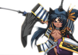 Rule 34 | 1girl, armor, backlighting, black hair, black sleeves, blue eyes, breasts, center opening, cessa, commentary, detached sleeves, english commentary, fate/grand order, fate (series), faulds, feather hair ornament, feathers, hand on hilt, hat, headgear, highres, holding, holding sword, holding weapon, japanese armor, katana, long hair, navel, no bra, panties, pom pom (clothes), red panties, revealing clothes, scabbard, serious, sheath, shoulder armor, small breasts, sode, solo, sword, tokin hat, underwear, ushiwakamaru (fate), weapon, white background, wide sleeves
