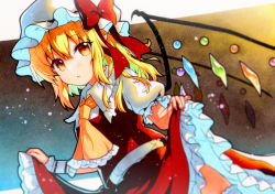 Rule 34 | 1girl, ascot, blonde hair, collared shirt, crystal, flandre scarlet, frilled shirt collar, frilled skirt, frilled sleeves, frills, hat, hat ribbon, highres, medium hair, mob cap, one side up, puffy short sleeves, puffy sleeves, qqqrinkappp, red eyes, red ribbon, red skirt, red vest, ribbon, shirt, short sleeves, skirt, skirt set, solo, touhou, traditional media, vest, white hat, white shirt, wings, wrist cuffs, yellow ascot