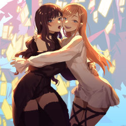 Rule 34 | 2girls, 6bi, abstract background, blue background, blue eyes, blush, cheek-to-cheek, closed mouth, commentary request, cowboy shot, dress, final fantasy, final fantasy xiv, gaia (ff14), hand on another&#039;s shoulder, heads together, hug, hyur, long hair, long sleeves, looking at viewer, multiple girls, open mouth, orange hair, purple hair, pursed lips, red lips, ryne waters, short dress, sleeves past wrists, smile, thigh strap, white dress