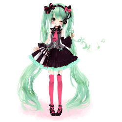 Rule 34 | 1girl, asymmetrical clothes, bad id, bad pixiv id, blush, bow, child, detached sleeves, dress, female focus, full body, garter straps, green eyes, green hair, hair bow, twirling hair, hatsune miku, headset, kabasawa kina, long hair, matching hair/eyes, musical note, necktie, one eye closed, simple background, skirt, smile, solo, standing, thighhighs, twintails, upright, very long hair, vocaloid, wink