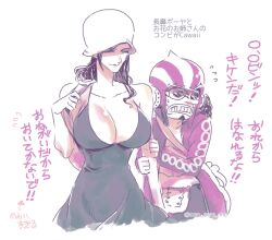 Rule 34 | 1boy, 1girl, arm hug, backpack, bag, bare shoulders, beard, breasts, cleavage, closed eyes, facial hair, friends, goggles, grin, hat, jacket, japanese text, nervous, nico robin, one piece, skirt, smile, standing, sunglasses, translation request, usopp