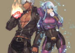 Rule 34 | 1boy, 1girl, blue hair, breasts, candy, fire, food, ice, k&#039; (kof), kula diamond, red eyes, silver hair, the king of fighters