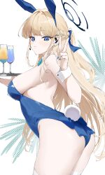 Rule 34 | 1girl, animal ears, ao (aokisora ao), ass, barefoot, blonde hair, blue archive, blue eyes, blue halo, blue leotard, breasts, closed mouth, commentary, cup, drinking glass, fake animal ears, fake tail, halo, headset, highres, large breasts, leotard, long hair, looking at viewer, nail polish, official alternate costume, playboy bunny, rabbit ears, rabbit tail, sideboob, solo, tail, thighhighs, thighs, toki (blue archive), toki (bunny) (blue archive), v, white thighhighs