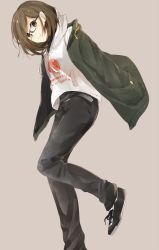 Rule 34 | 1girl, alternate costume, bad id, bad pixiv id, bokumaru, brown eyes, brown hair, casual, glasses, highres, hood, hoodie, jacket, kagerou project, shirt, solo, striped clothes, striped shirt, tateyama ayano