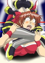 Rule 34 | 2girls, aoi azuma, asphyxiation, bare shoulders, blush, boots, bow, breasts, brown hair, constricted pupils, dark star chaos, hair bow, large breasts, leotard, long hair, multiple girls, mutou megumi, open mouth, ryona, screaming, strangling, submission hold, tears, tongue, wrestle angels, wrestling, wrestling outfit