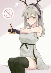 Rule 34 | 1girl, absurdres, antlers, arknights, black hairband, black thighhighs, blush, brown hair, chinese commentary, dog tags, feet out of frame, firewatch (arknights), green eyes, grey shirt, hairband, highres, horns, long hair, looking at viewer, mango (mgo), official alternate costume, reindeer antlers, shirt, sitting, sleeveless, sleeveless shirt, solo, thighhighs, x fingers