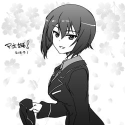 Rule 34 | 1girl, character name, commentary request, dated, dress shirt, floral background, from side, garrison cap, girls und panzer, greyscale, happy birthday, hat, unworn hat, unworn headwear, holding, holding clothes, holding hat, jacket, kuromorimine military uniform, long sleeves, looking at viewer, lowres, military, military hat, military uniform, monochrome, nanashiro gorou, nishizumi maho, open mouth, shirt, short hair, smile, solo, standing, translated, uniform, upper body