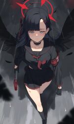 Rule 34 | 1girl, armband, black choker, black footwear, black gloves, black hair, black sailor collar, black serafuku, black skirt, black socks, black wings, blood, blood on face, blue archive, choker, closed mouth, collarbone, feathered wings, feathers, from above, gloves, grey eyes, gun, hair ornament, hairclip, halo, highres, holding, holding gun, holding weapon, ichika (blue archive), long hair, long sleeves, neckerchief, pleated skirt, red armband, red halo, red neckerchief, sailor collar, school uniform, serafuku, shoes, skirt, socks, solo, tachibana-san, weapon, wings