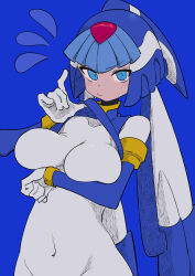 Rule 34 | 1girl, absurdres, android, blue eyes, blush, bodysuit, breasts, buzzlyears, clothes lift, covered navel, crop top, fairy leviathan (mega man), forehead jewel, helmet, highres, large breasts, looking at viewer, mega man (series), mega man zero (series), shirt lift, solo, white bodysuit