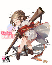 Rule 34 | 1girl, aged down, blush, bolt action, boots, braid, brown footwear, brown hair, character name, closed mouth, coat, copyright name, dress shirt, from behind, full body, girls&#039; frontline, green eyes, gun, hair between eyes, highres, holding, holding gun, holding weapon, kneepits, lee-enfield, lee-enfield (girls&#039; frontline), lee-enfield (onion shooter) (girls&#039; frontline), long hair, looking at viewer, looking back, medal, military, military uniform, official alternate costume, official art, rei (sanbonzakura), rifle, shadow, shell casing, shirt, sidelocks, simple background, solo, torn clothes, torn shirt, uniform, wavy mouth, weapon, white background