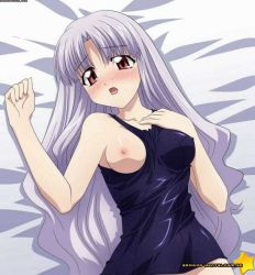 Rule 34 | 1girl, azmaria hendric, blush, breast slip, breasts, breasts out, chrno crusade, eyebrows, jpeg artifacts, lying, nude, on back, on bed, one breast out, open mouth, purple hair, red eyes, solo, sugimura tomokazu, swimsuit, watermark