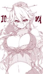 Rule 34 | 10s, 1girl, bare shoulders, breasts, buttons, character name, cleavage, elbow gloves, eyebrows, fingerless gloves, front-tie top, gloves, hair between eyes, halftone, iowa (kancolle), kantai collection, kugimiya atsuki, large breasts, long hair, looking at viewer, monochrome, navel, smile, solo, star-shaped pupils, star (symbol), symbol-shaped pupils, upper body