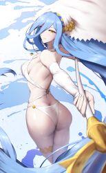 Rule 34 | 1girl, alternate costume, ass, azura (fire emblem), bare shoulders, bikini, blue background, blue hair, breasts, butt crack, cleavage, commission, detached collar, elbow gloves, fire emblem, fire emblem fates, from behind, gloves, hair over one eye, highres, holding, holding staff, jewelry, long hair, looking at viewer, looking back, medium breasts, necklace, nintendo, parted lips, shiroshisu, simple background, single thighhigh, skeb commission, smile, solo, staff, swimsuit, thighhighs, thighlet, two-tone background, veil, very long hair, white background, white bikini, white gloves, white thighhighs, yellow eyes