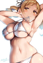 Rule 34 | 1girl, 2023, armpits, arms behind head, artist name, belko, bikini, blonde hair, blush, breasts, cleavage, dated, drill hair, highres, large breasts, mahou shoujo madoka magica, mouth hold, navel, sideboob, sidelocks, simple background, stomach, swimsuit, tomoe mami, twintails, underboob, white background, white bikini, yellow eyes