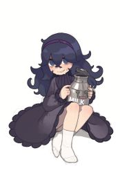 Rule 34 | 1girl, @ @, absurdres, aged down, black hair, blue eyes, blush, child, container, creatures (company), crossed ankles, dress, game freak, hairband, hex maniac (pokemon), high collar, highres, holding, knees up, long hair, long sleeves, messy hair, milk, nintendo, opossumachine, pokemon, pokemon xy, smile, socks, solo, sweat