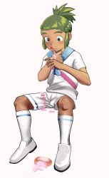 Rule 34 | 1boy, absurdres, adapted costume, blue sailor collar, capri pants, cosplay, creatures (company), dark-skinned male, dark skin, drawfag, food on hand, game freak, green hair, hau (pokemon), highres, invisible chair, kneehighs, licking, licking finger, lillie (pokemon), lillie (pokemon) (cosplay), malasada, male focus, nintendo, pants, pokemon, pokemon sm, ponytail, sailor collar, shirt, simple background, sitting, socks, solo, tongue, tongue out, white footwear, white shirt