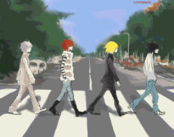 Rule 34 | 4boys, abbey road, album cover, album cover redraw, cover, crosswalk, death note, derivative work, full body, l (death note), male focus, matt (death note), mello (death note), multiple boys, nature, near (death note), outdoors, parody, plant, sky, the beatles, vanishing point, volkswagen, volkswagen beetle