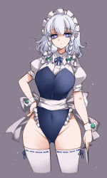 Rule 34 | 1girl, adapted costume, blue eyes, blue leotard, bow, braid, closed mouth, collared shirt, commentary, cowboy shot, cropped legs, green bow, grey background, groin, hair between eyes, highres, holding, holding knife, izayoi sakuya, knife, leotard, maid, maid headdress, puffy short sleeves, puffy sleeves, raptor7, shirt, short hair, short sleeves, silver hair, simple background, solo, symbol-only commentary, thighhighs, thighs, touhou, twin braids, white shirt, white thighhighs